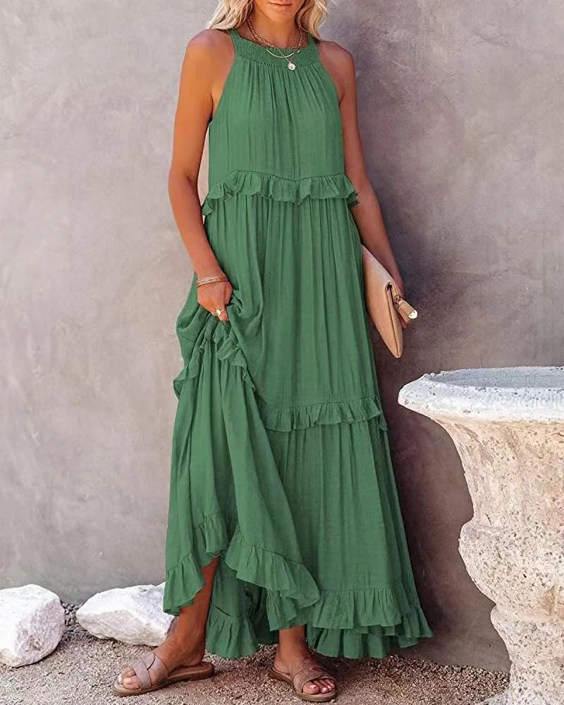 Elegant Women's Apricot Ruffle Edge Long Mop Floor Dresses Summer Fashion Hanging Neck Sleeveless Lace Cake Dress vestiods S-3XL FitiqueFit