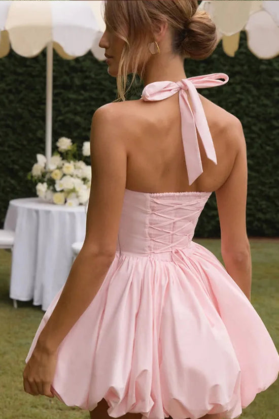 Women’s Pink Corset Puffball-Hem Mini Dress FitiqueFit