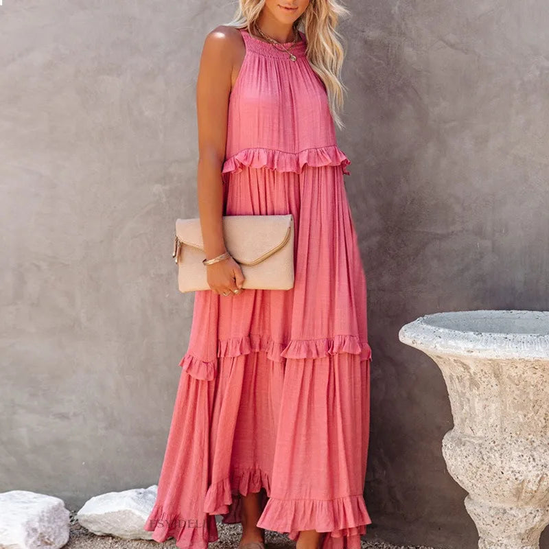 Elegant Women's Apricot Ruffle Edge Long Mop Floor Dresses Summer Fashion Hanging Neck Sleeveless Lace Cake Dress vestiods S-3XL FitiqueFit