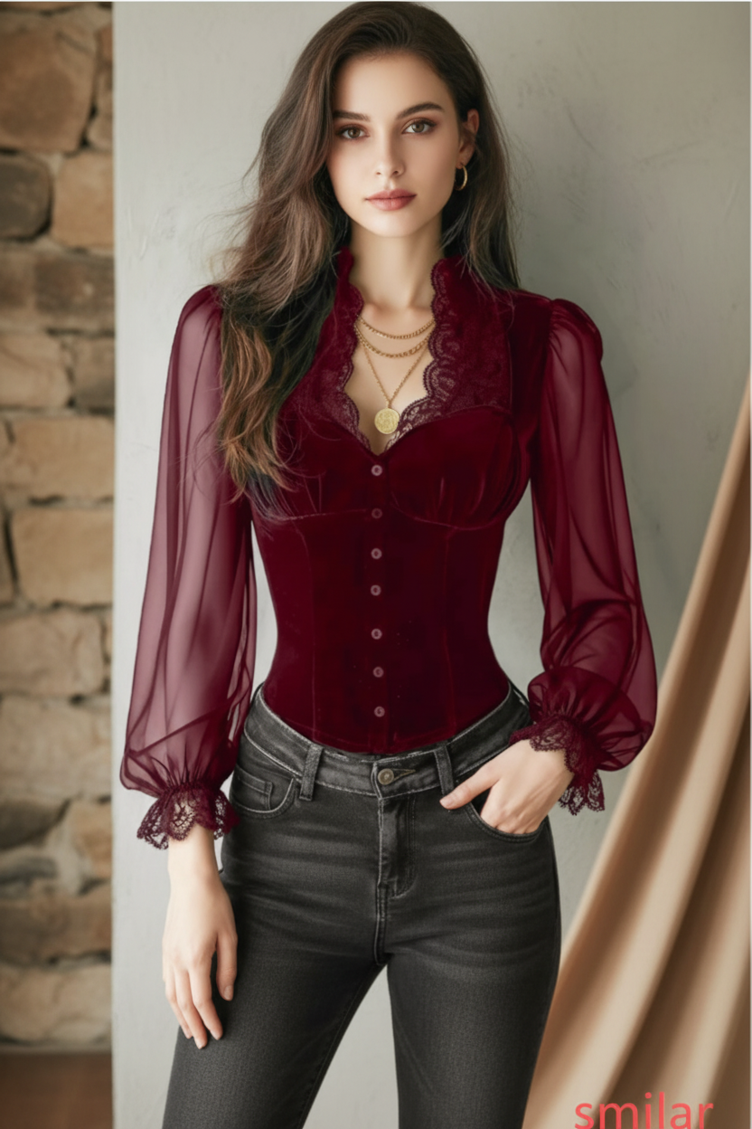 Women's Velvet & Lace Trim Top V-Neck Long Sleeve Blouse 