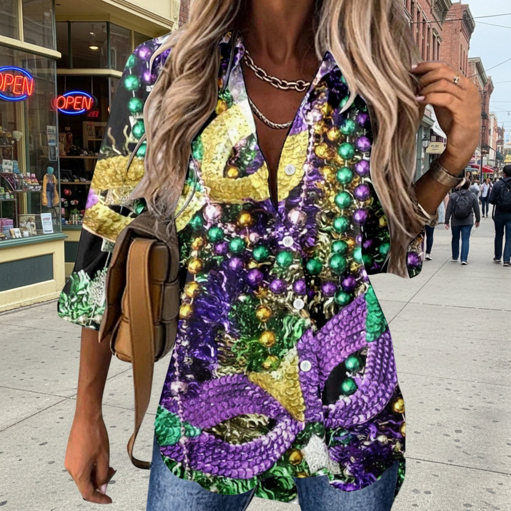 🎭 Mardi Gras Women's V-Neck Long Sleeve Carnival Print Shirt FitiqueFit