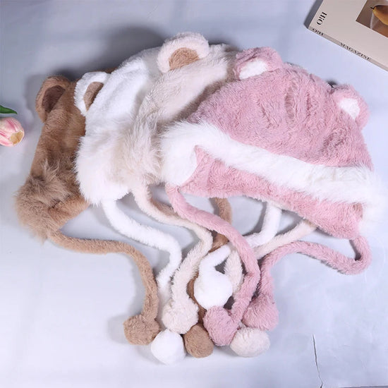 Cute Furry Fox Fur Bear Ear Hat Looks Small Two-piece Hood Scarf Set Autumn And Winter Cycling Warm And Versatile Ear Protection 