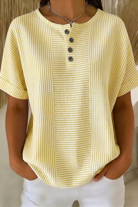 Casual Solid Color V-Neck Buttoned Striped Cotton-Linen T-Shirt 