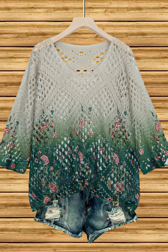 Womens Hollowed-Out Batwing-Sleeve Sweater With 3D Knitted Print 