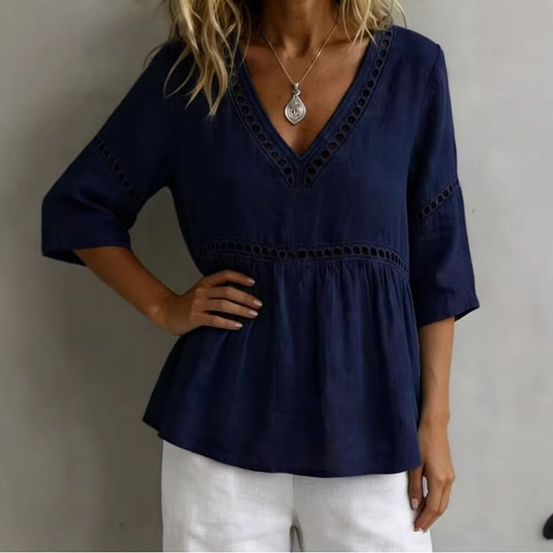 Solid-color V-neck Hollow-out Casual Fringed Top 