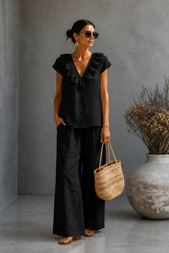 Women's V-neck Ruffled Hem Wide-leg Pants Set 