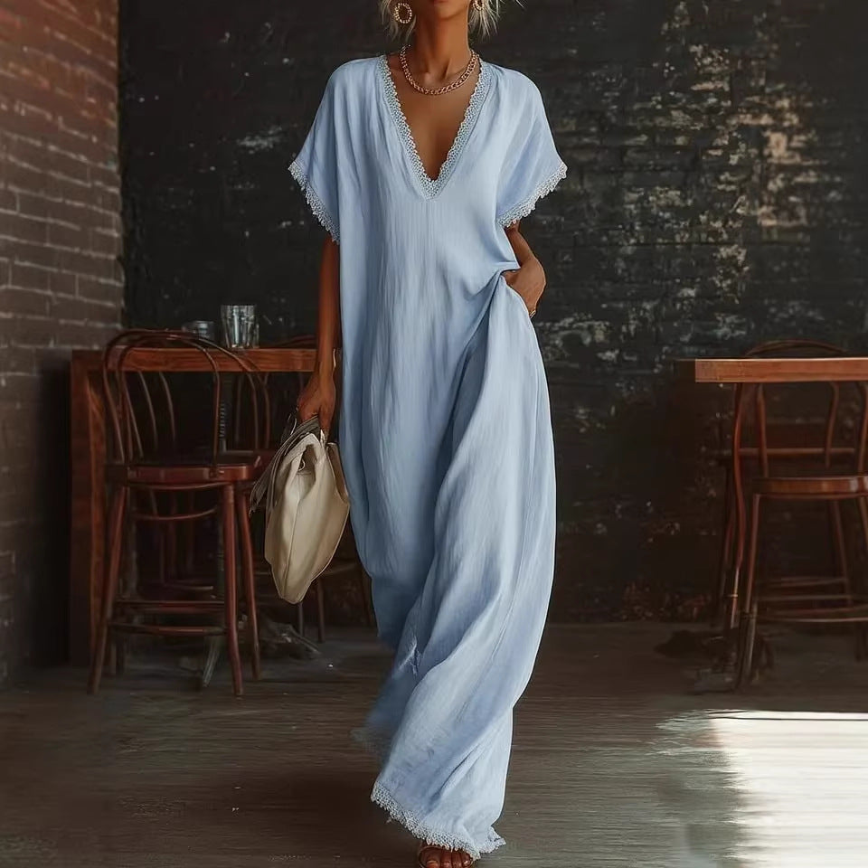 European And American Style Casual Elegant Comfortable Lace-trimmed Loose Linen Cotton Long Dress 