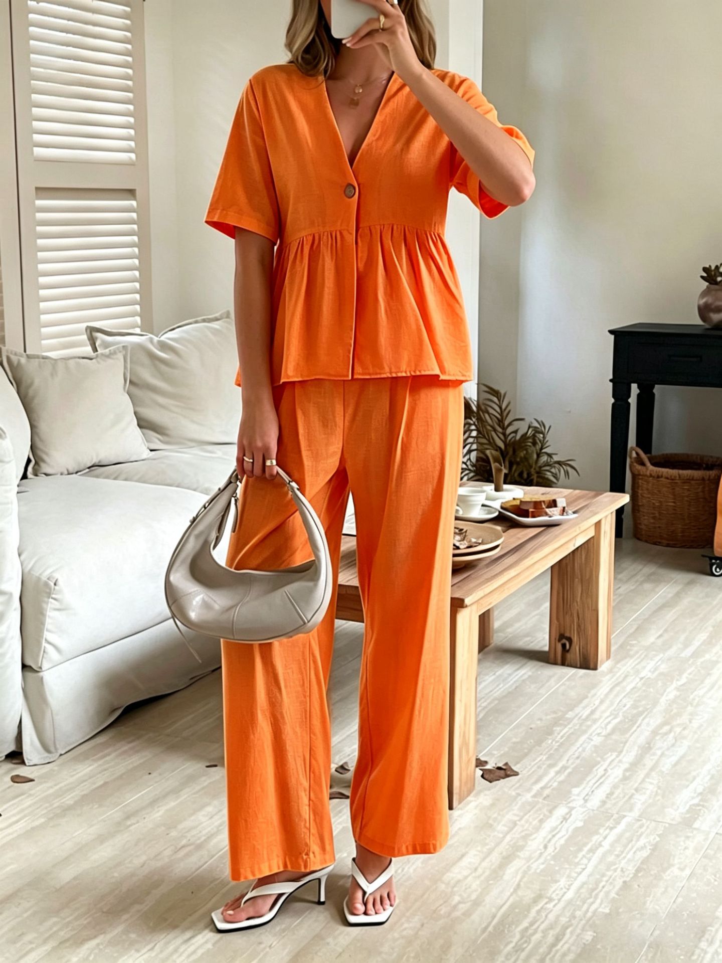 V-neck Loose-fit Short-sleeve Top And Wide-leg Pants Two-piece Set 