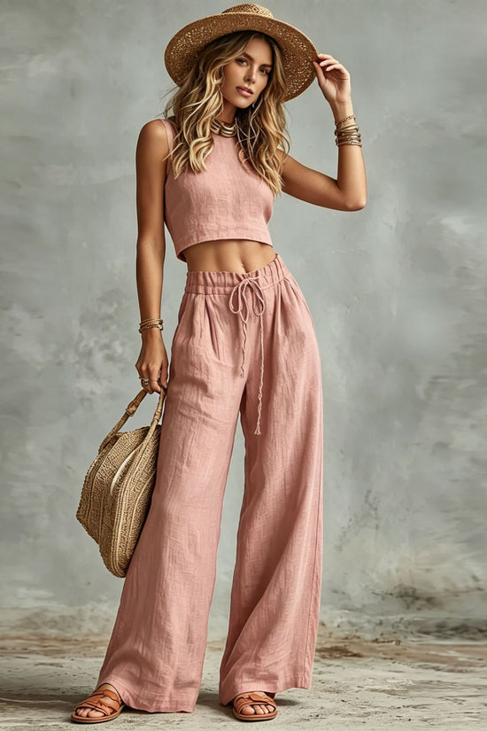 Vest Drawstring High-Waist Wide-Leg Pants Two-Piece Set 