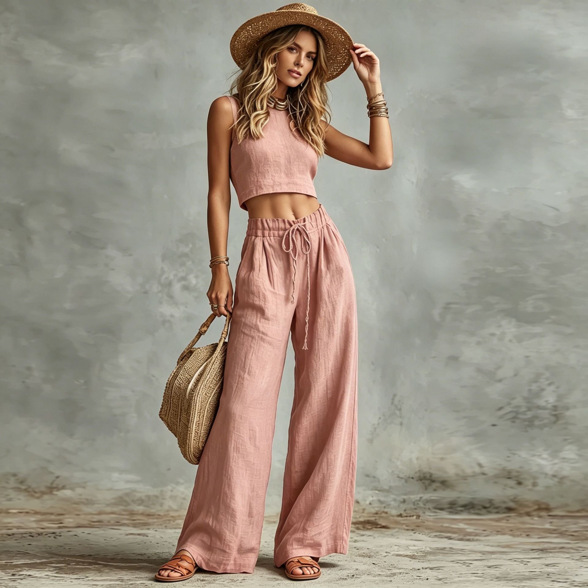 Vest Drawstring High-Waist Wide-Leg Pants Two-Piece Set 
