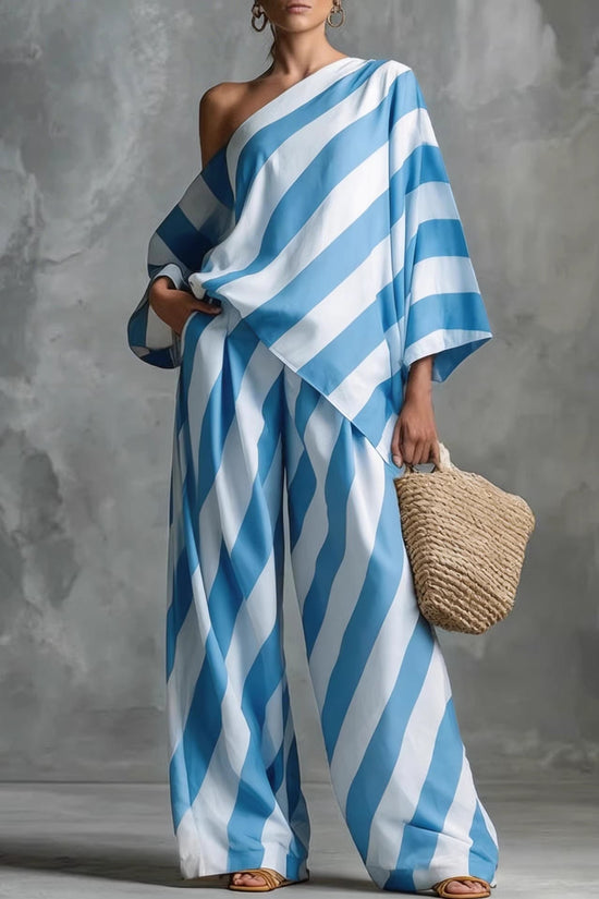 Retro Striped Printed Chiffon Top And Wide-leg Pants Set 