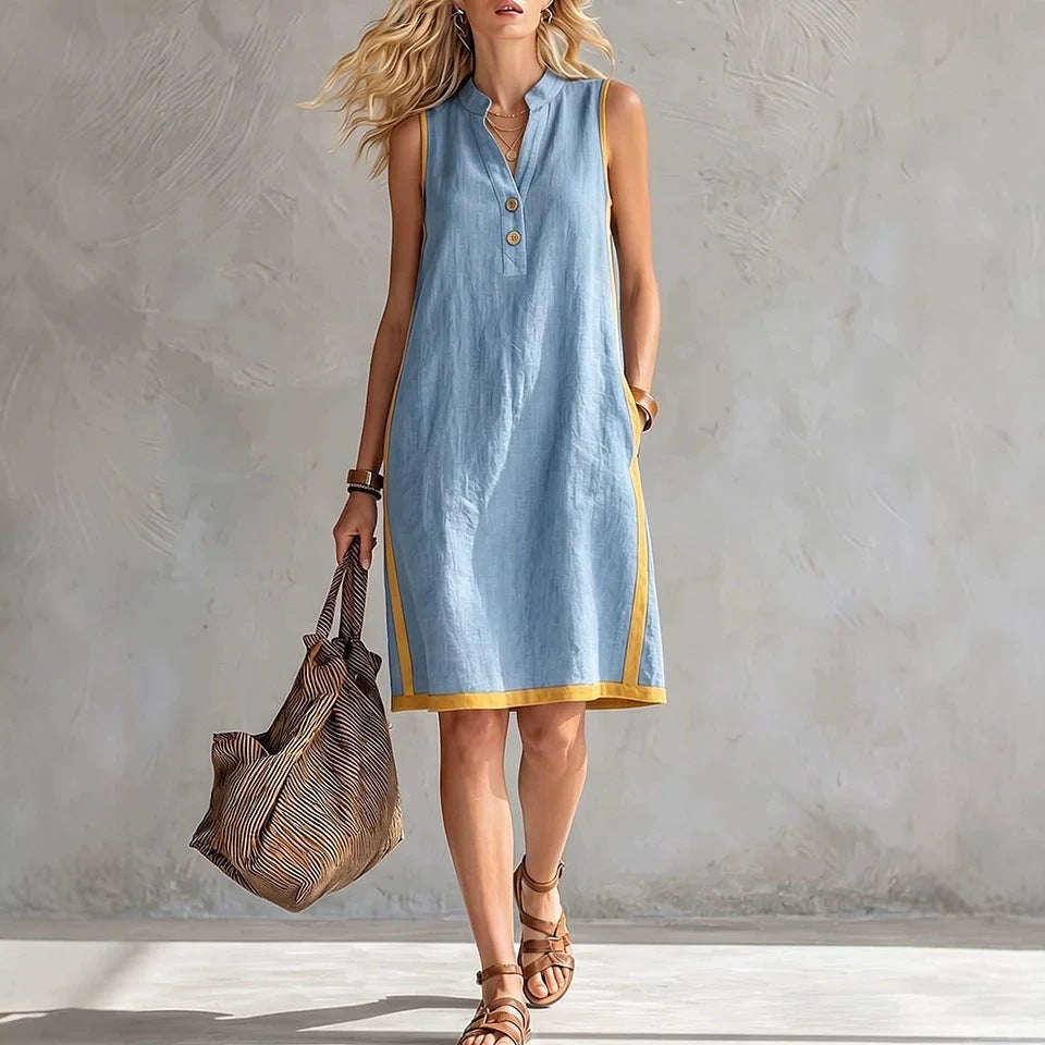 Sleeveless V-neck Pocketed Button Casual Dress 