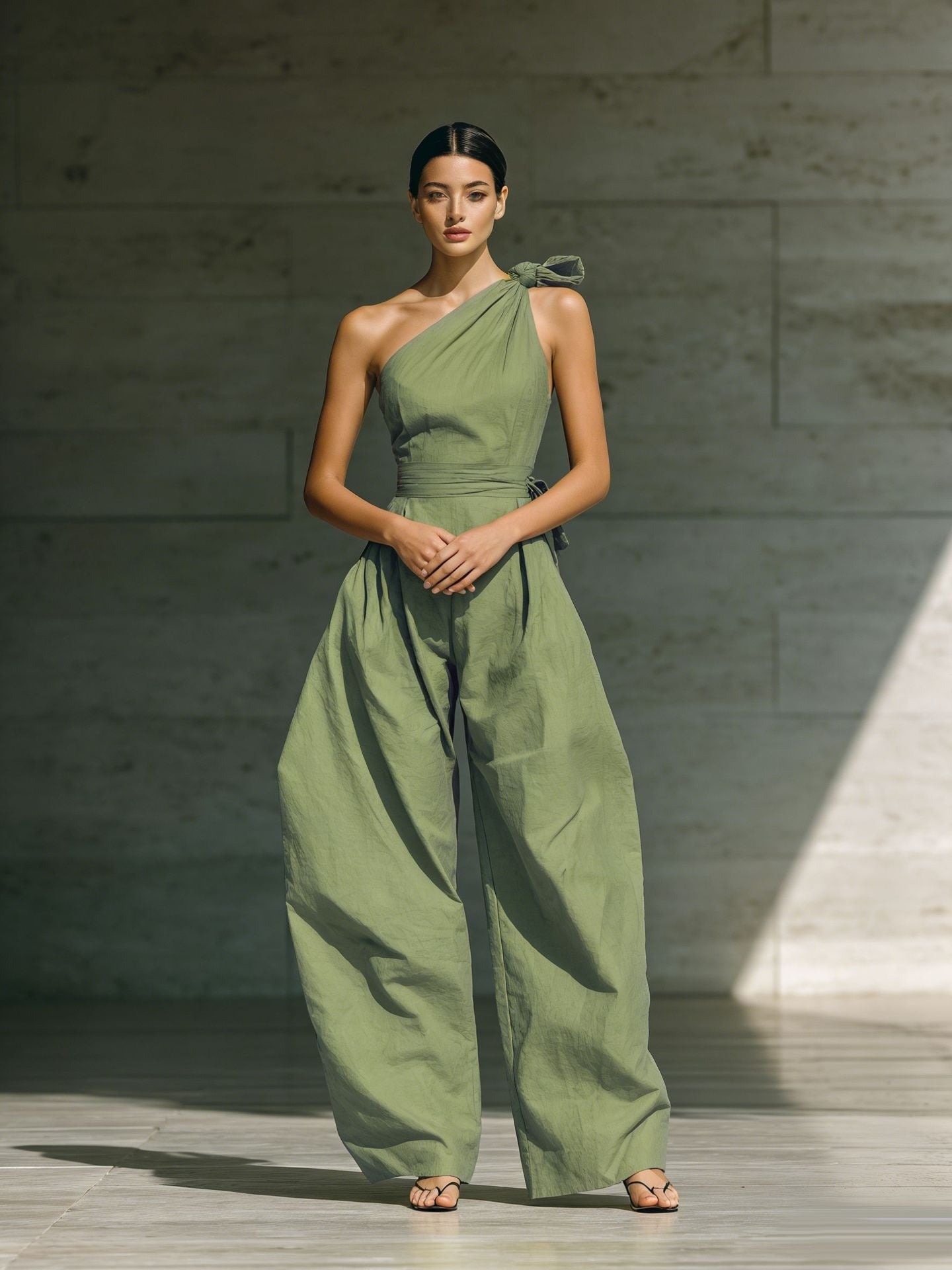 Loose-fitting Sleeveless Off-shoulder Belted Jumpsuit 
