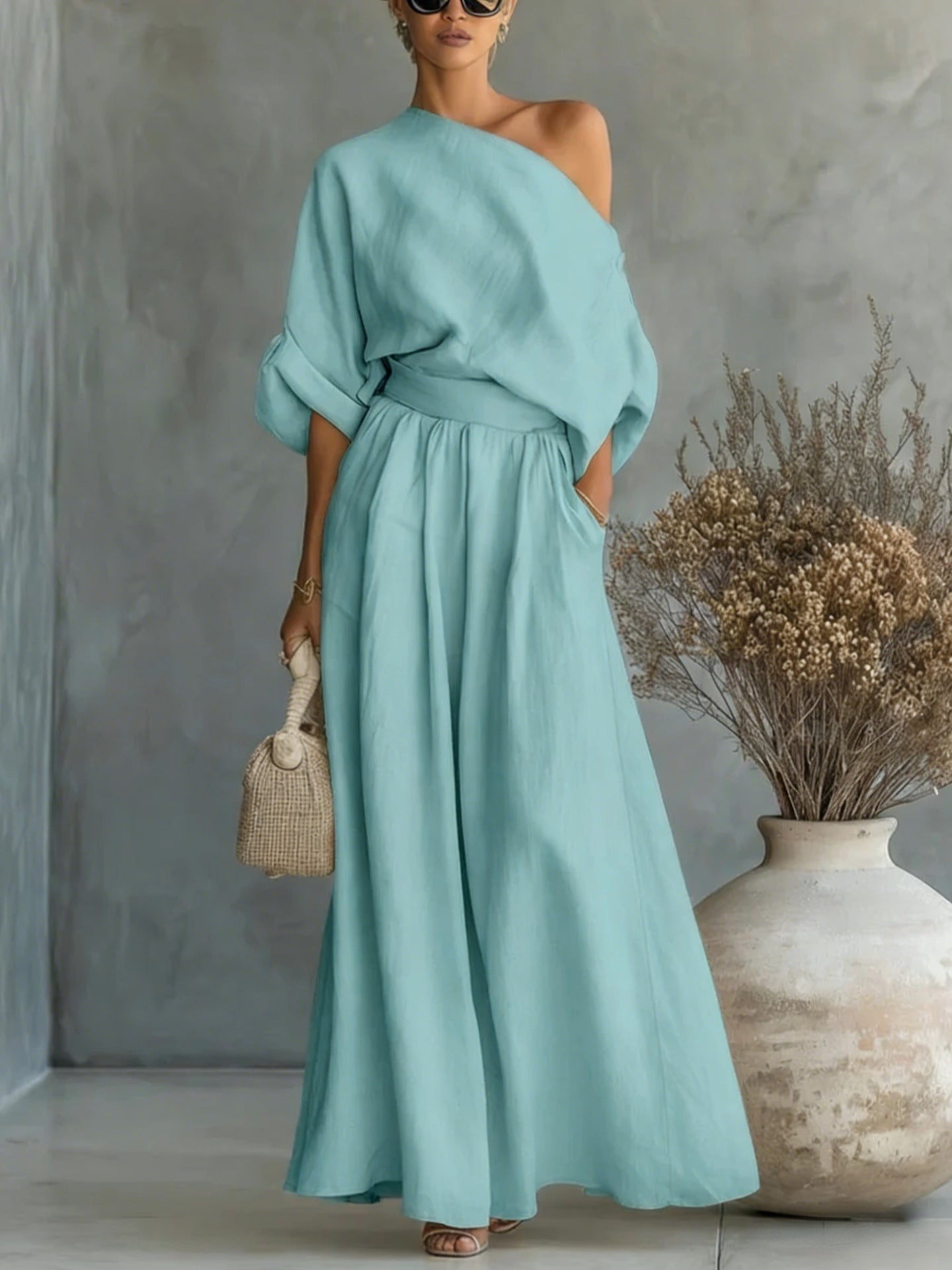 Cropped Off-shoulder Top And Pants Two-piece Set 
