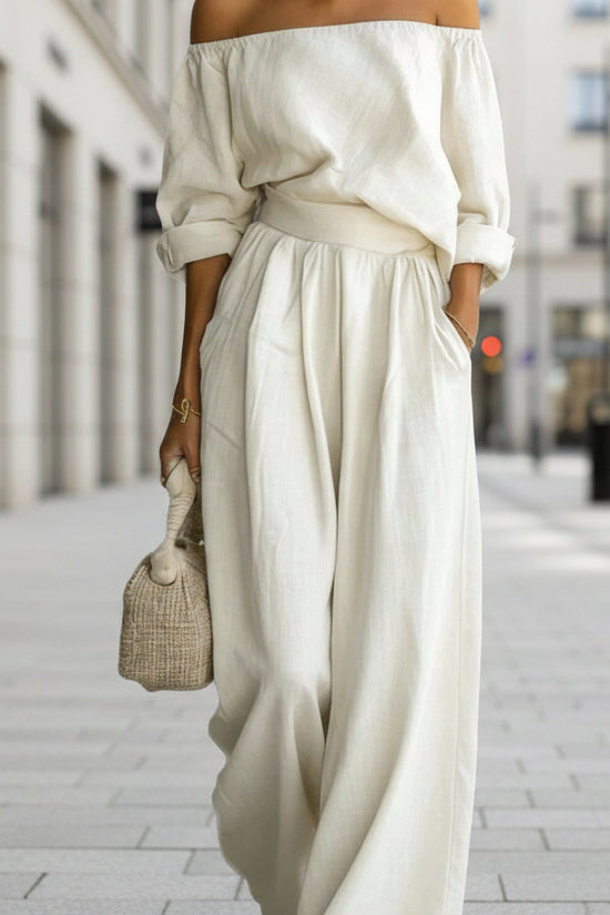 Casual Two-Piece Womens Outfit Off-Shoulder Top And Wide-Leg Pants Set 