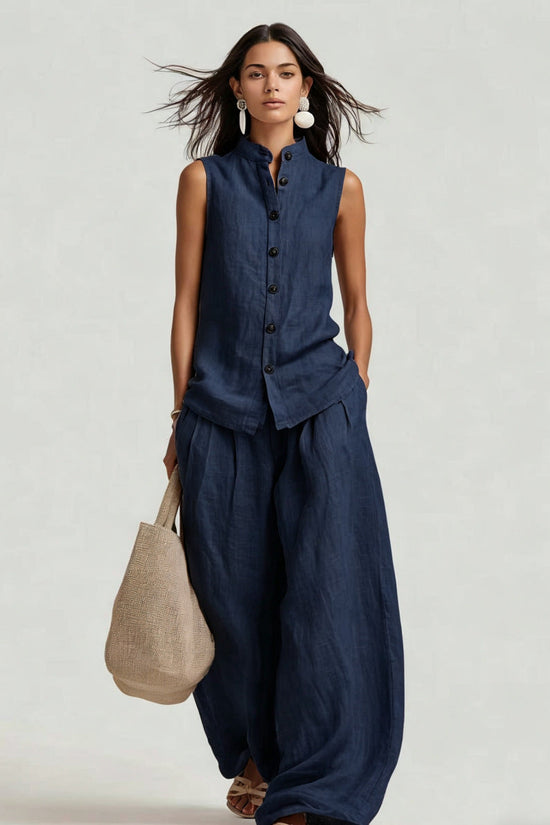 Stand-up Collar Sleeveless Shirt And High-waisted Wide-leg Pants Set 