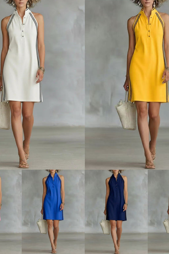 Solid-color Sleeveless Button-up Collar Dress 