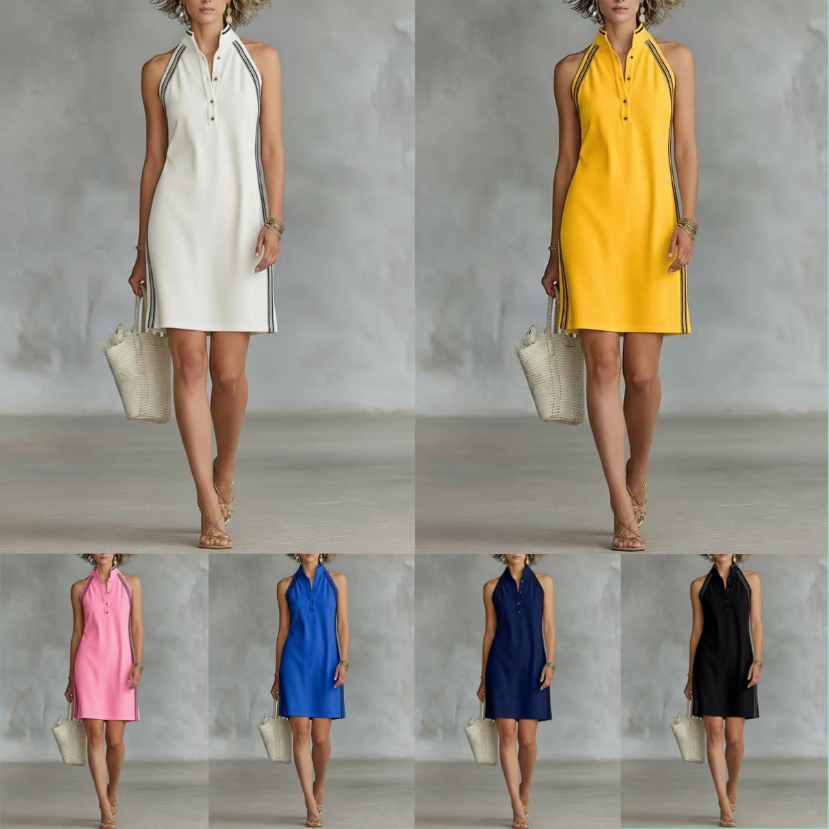 Solid-color Sleeveless Button-up Collar Dress 
