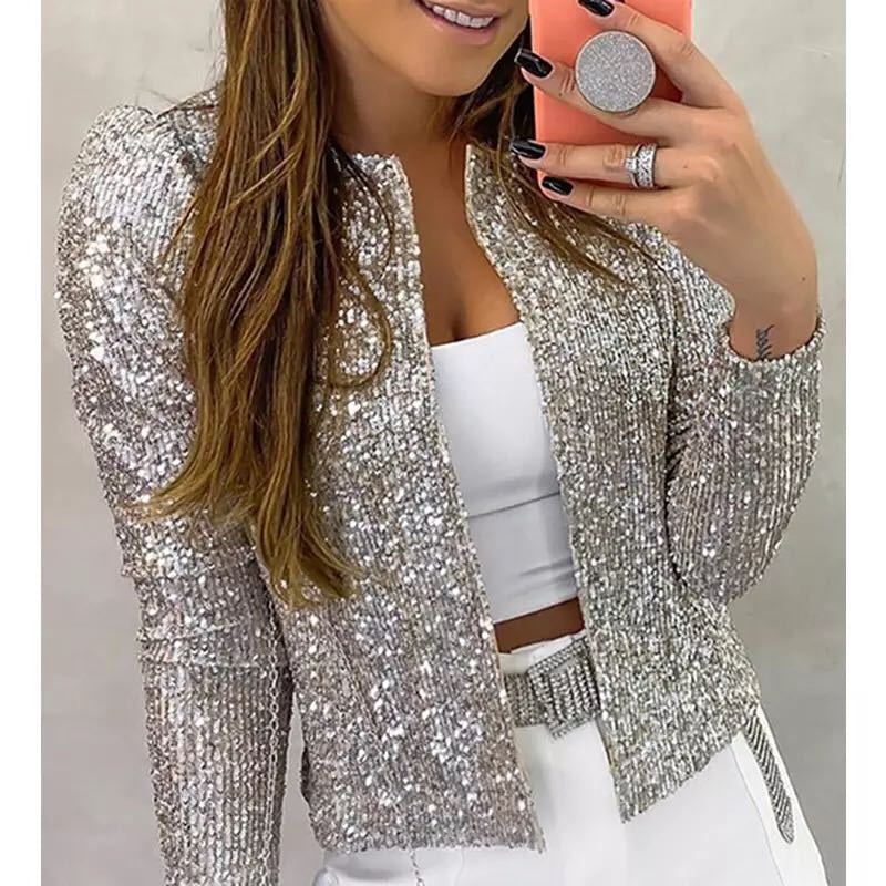 Women's Fashion Colorblock Sequin Short Casual Jacket 