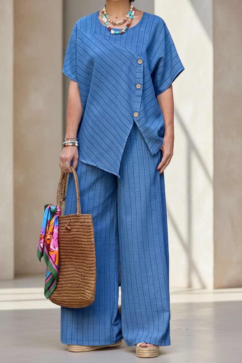 Striped Short-sleeve Shirt And Loose-fitting Pants Two-piece Set 