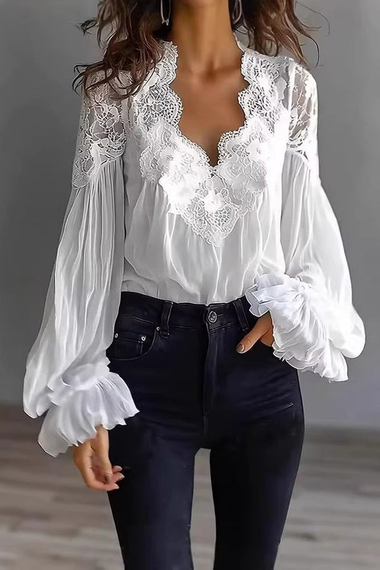 Lace-panelled Ruffled Puff-sleeve Pleated Shirt 