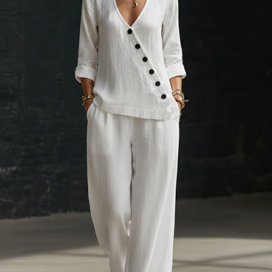Loose-fitting V-neck Cross-over Shirt And Wide-leg Pants 