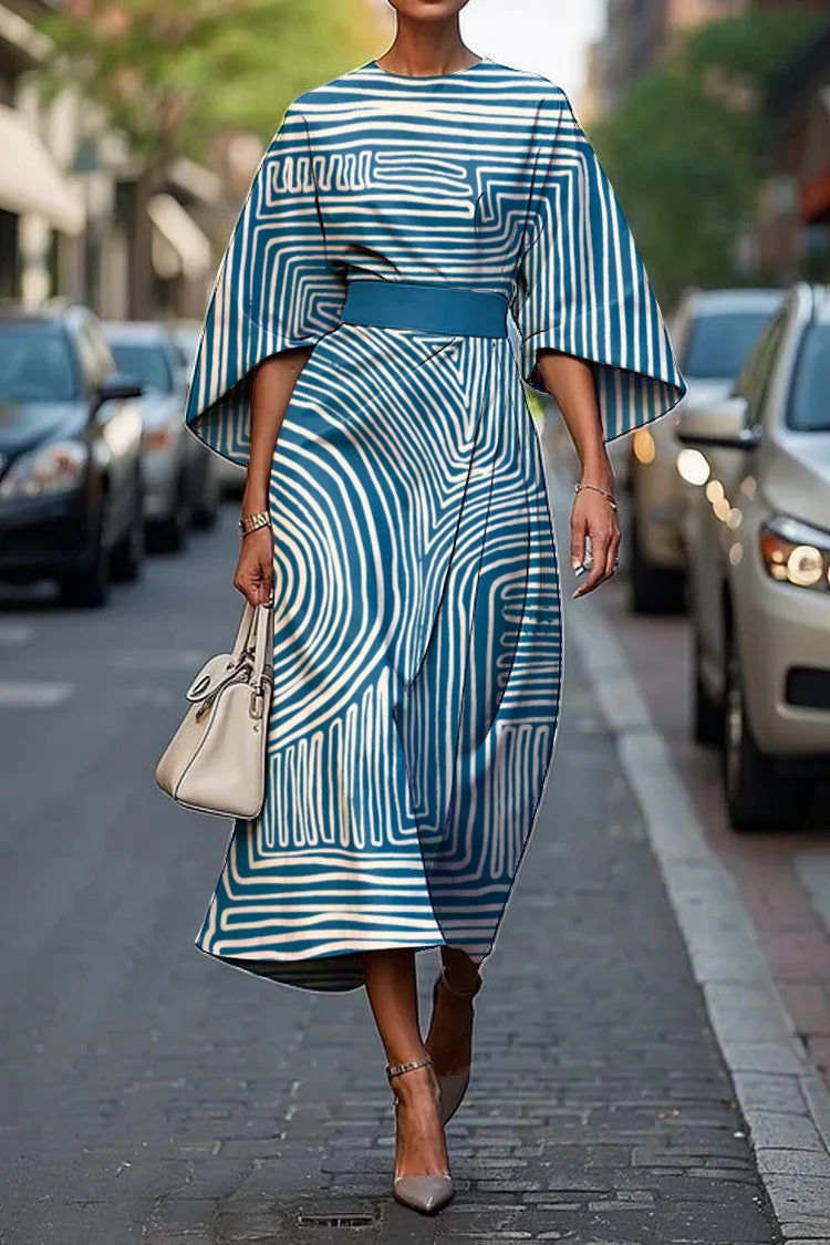 Women's Elegant Geometric Print Batwing Sleeve Round Neck Maxi Dress 