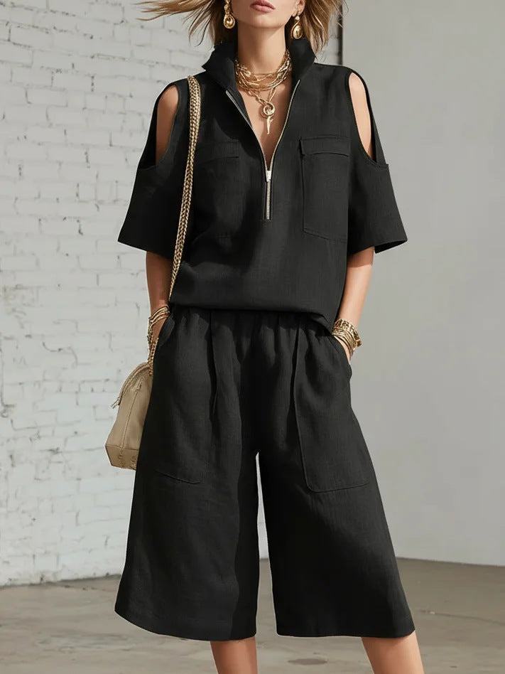 Womens Short-Sleeve Shirt And Shorts Loose Pants Two-Piece Set 