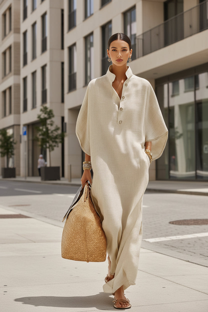 Womens Stand Collar Button-Down Loose Straight Long Dress 