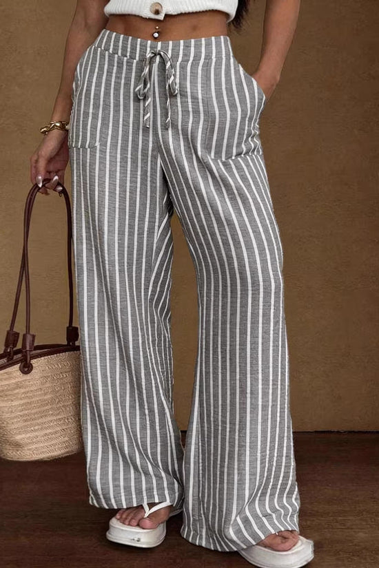 Striped Loose Commuter Casual Lace-up Elastic-waist Wide-leg Trousers 