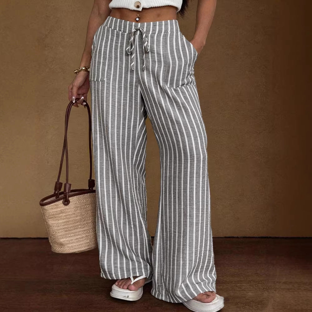 Striped Loose Commuter Casual Lace-up Elastic-waist Wide-leg Trousers 