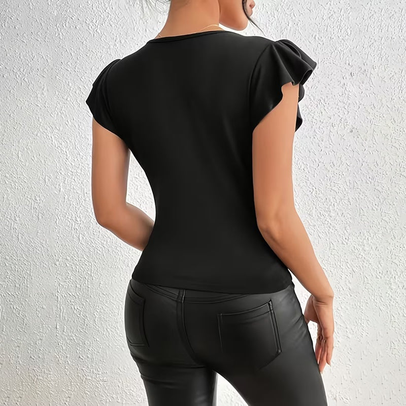 Women Summer Ruffle Tops Sexy Mesh Panel Short Sleeve Shirts Trendy Casual  Slim Fitted Tees Blouse 