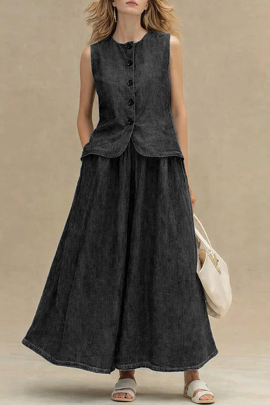 Womens Crew-Neck Denim Top And High-Waist A-Line Skirt Denim Set 