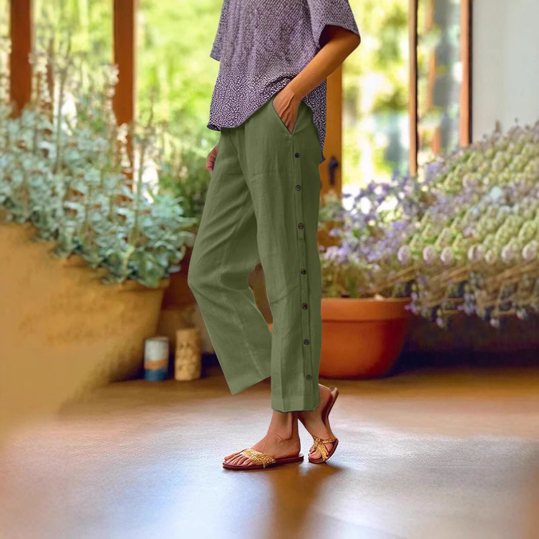 Cropped Pants With Decorative Buttons Along The Side Seams 