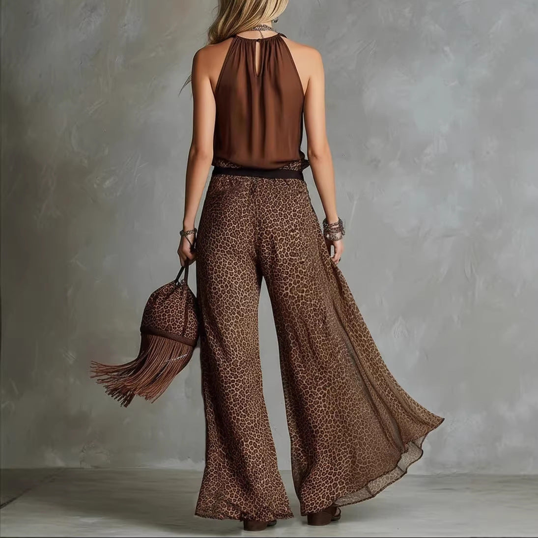 Leopard-print Sheer Wide-leg Pants Sleeveless Tank Top As A Base Layer 
