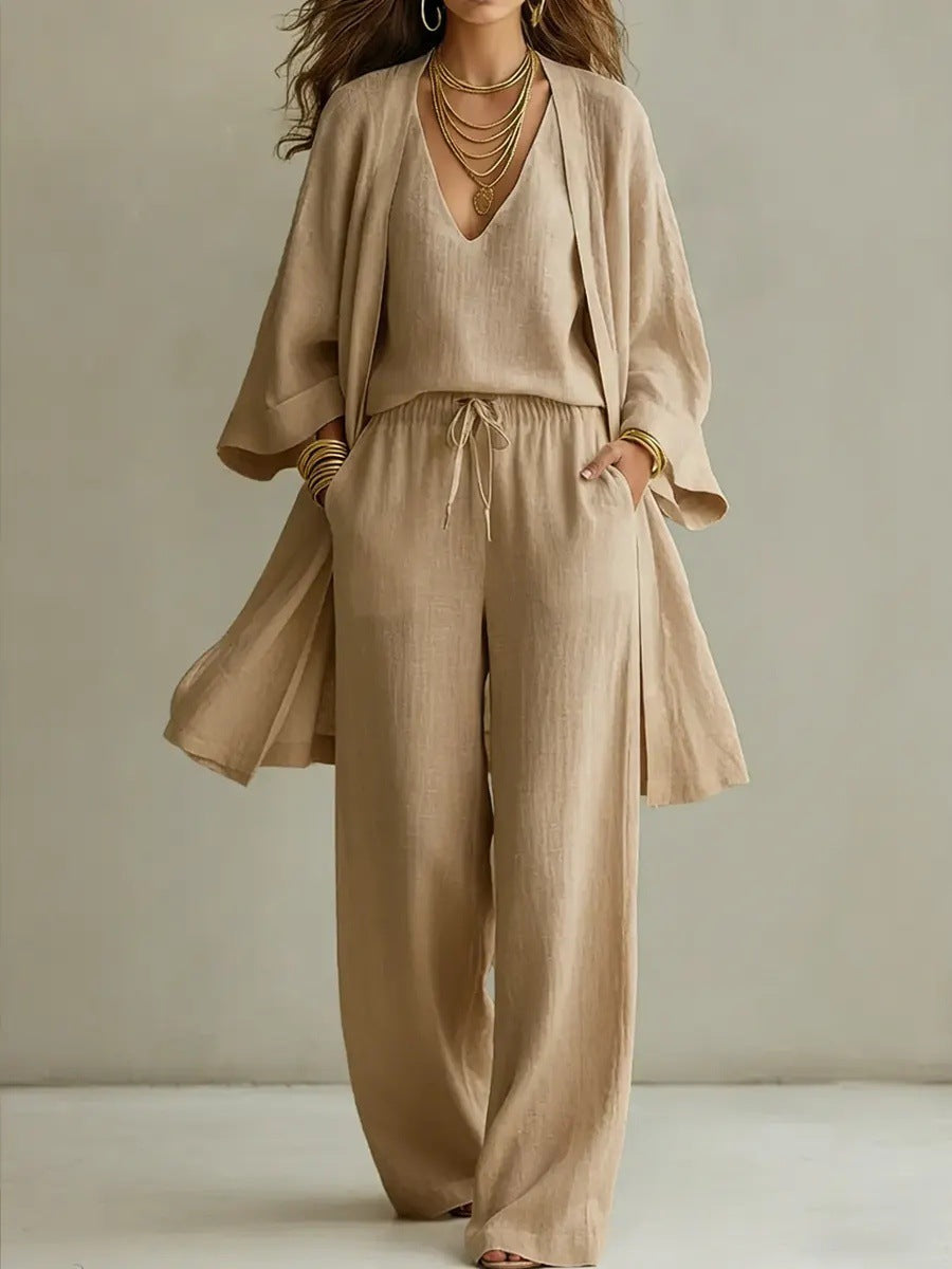Womens Solid Color V-Neck Cardigan Vest With Pockets And Long Pants Three-Piece Set 