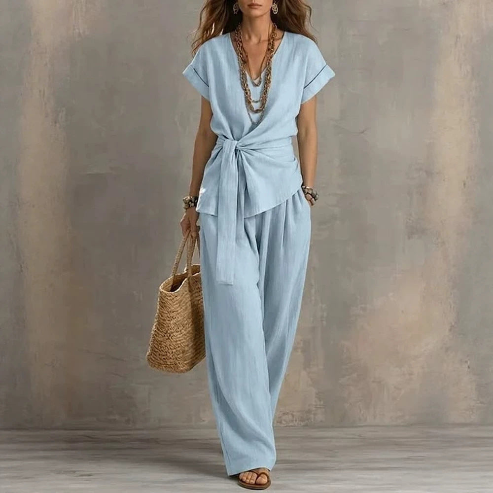 Women's V-neck Pullover Short-Sleeve Pants Set 