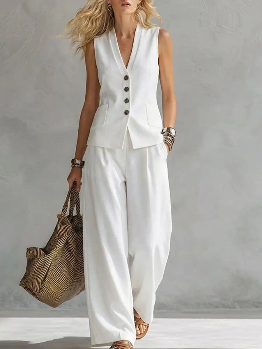 Womens Solid-Colored Sleeveless Casual Linen Tank Top And Pants Set 