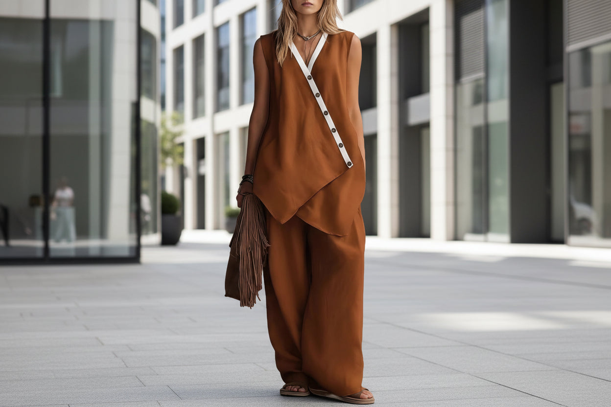 Bohemian Solid-Colored V-Neck Irregular-Button Vest And Wide-Leg Pants Set 