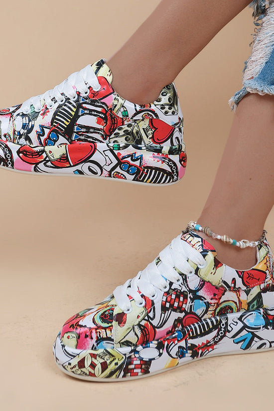 Round-Toe Thick-Sole Lace-Up Sneakers — Women’s Casual Print Shoes 