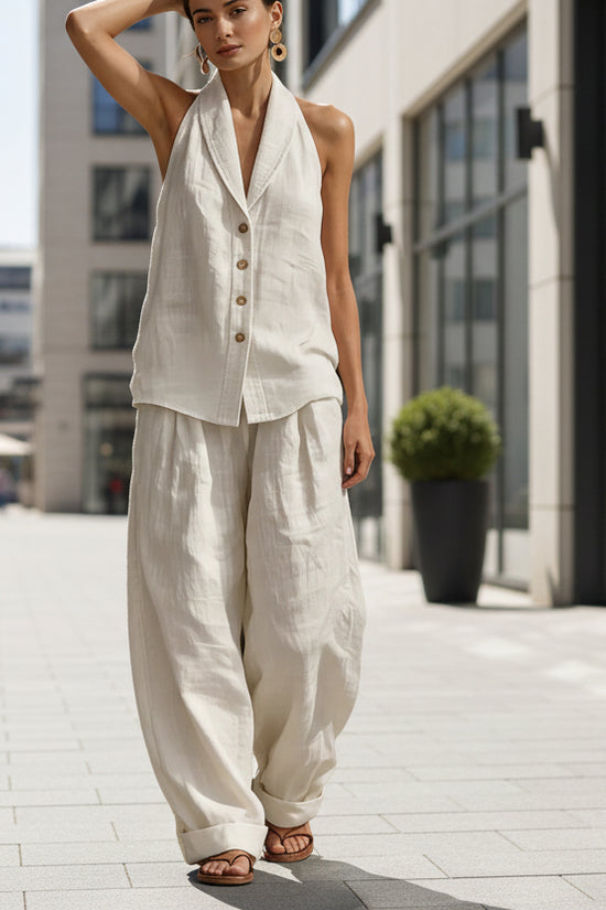 Wide-leg Pants Suit Womens Cotton-linen Fashionable Two-piece Set 