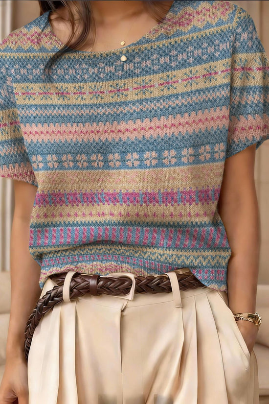 Retro Short-Sleeve Sweater Contrast-Color Jacquard Knit Top 