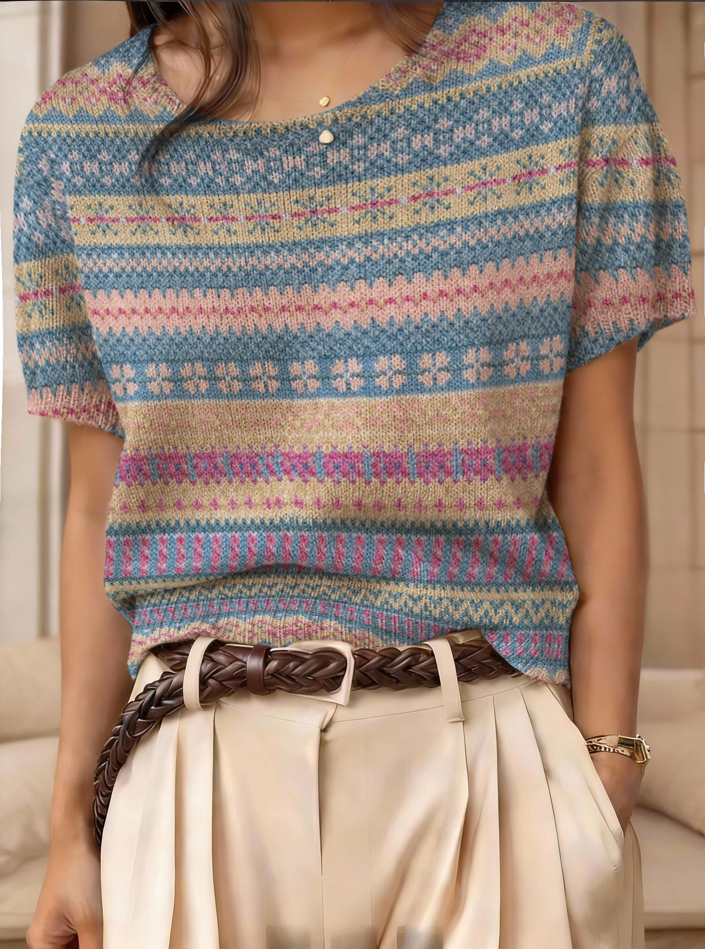 Retro Short-Sleeve Sweater Contrast-Color Jacquard Knit Top 