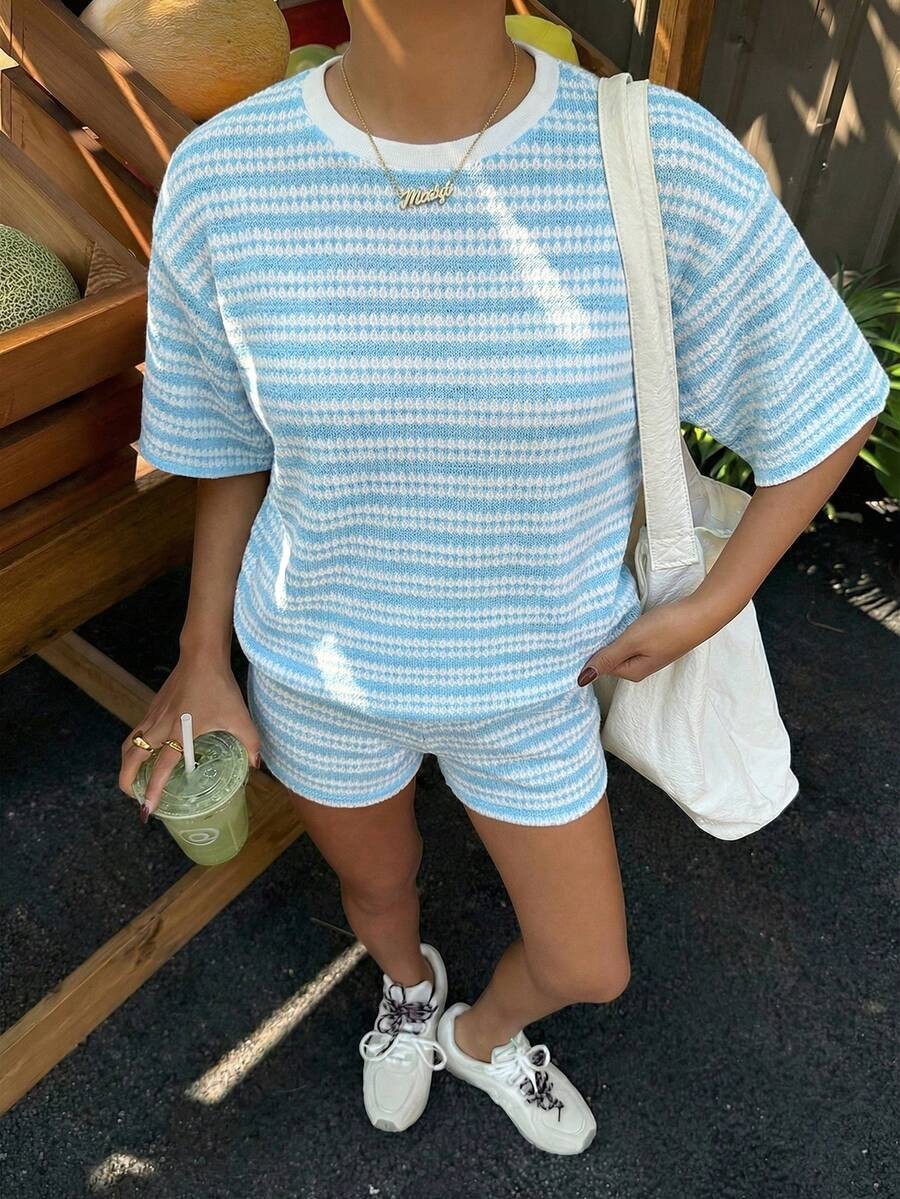 Womens Crew-Neck Spliced Short-Sleeve Shorts Set 