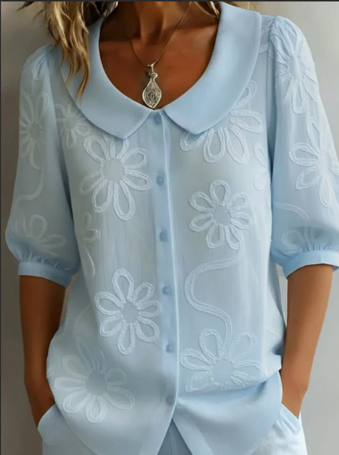 Loose-fit Retro Buttoned 3D Embroidered Floral Shirt 