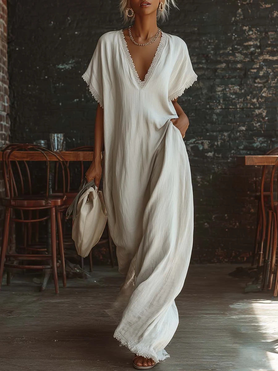 European And American Style Casual Elegant Comfortable Lace-trimmed Loose Linen Cotton Long Dress 