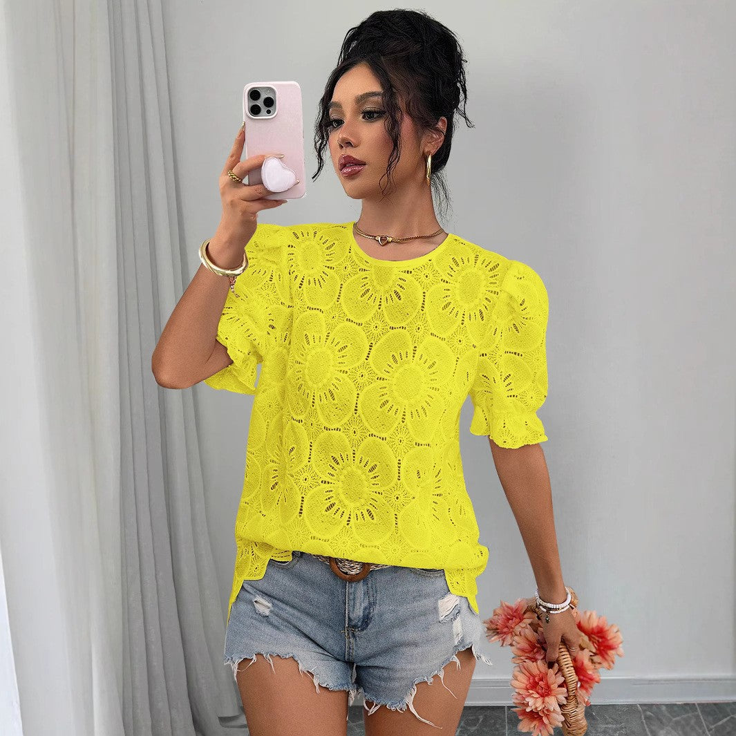 Casual Hollow-Out Lace Puff-Sleeve Shirt Top 