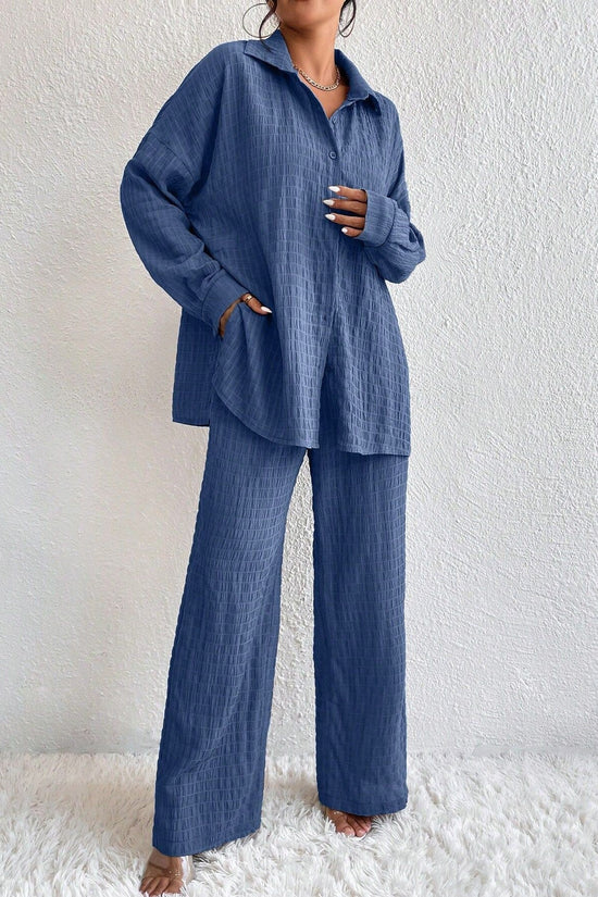 Summer New European And American Style Pleated Long-Sleeve Lapel Loose Two-Piece Set 