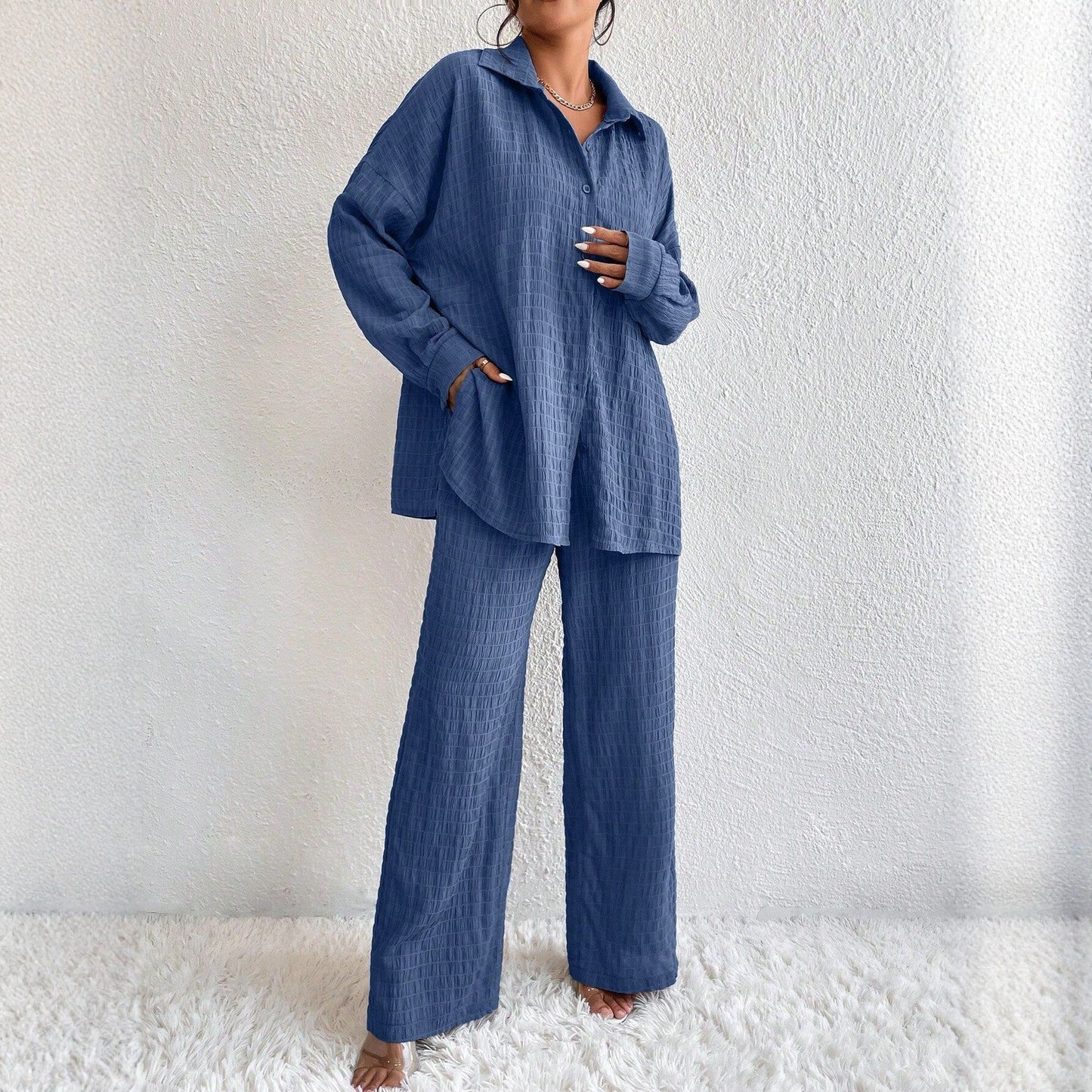 Summer New European And American Style Pleated Long-Sleeve Lapel Loose Two-Piece Set 