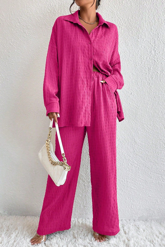 Summer New European And American Style Pleated Long-Sleeve Lapel Loose Two-Piece Set 